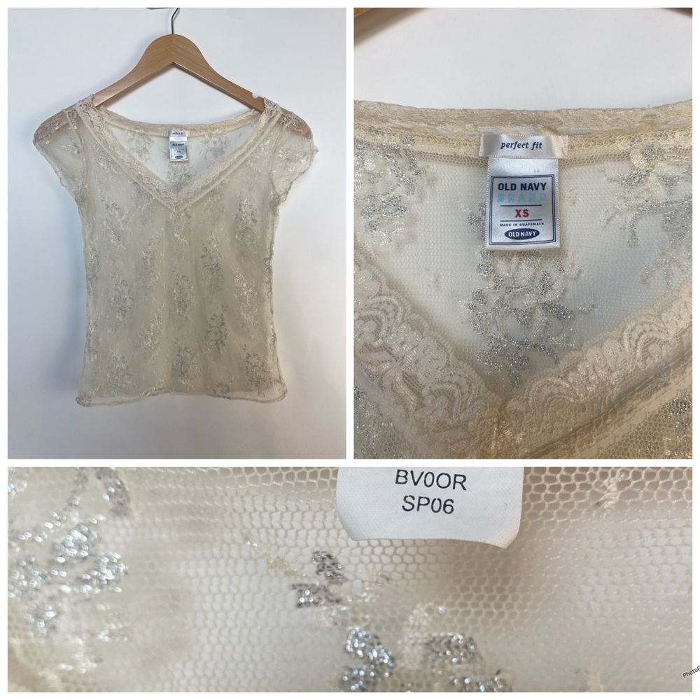 V2K 2006 Old Navy Sheer Lace Mesh Top – Silver Floral Shimmer XS‎